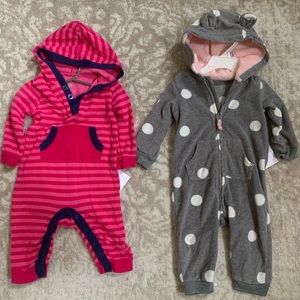Pink Cotton Striped - Old Navy 6-12 mos, Gray Fleece Polka Dot - Carter’s 9 mos